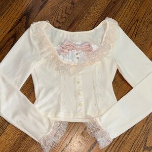 Vintage Cream Lace Blouse with Pink Bow and Pearl Buttons